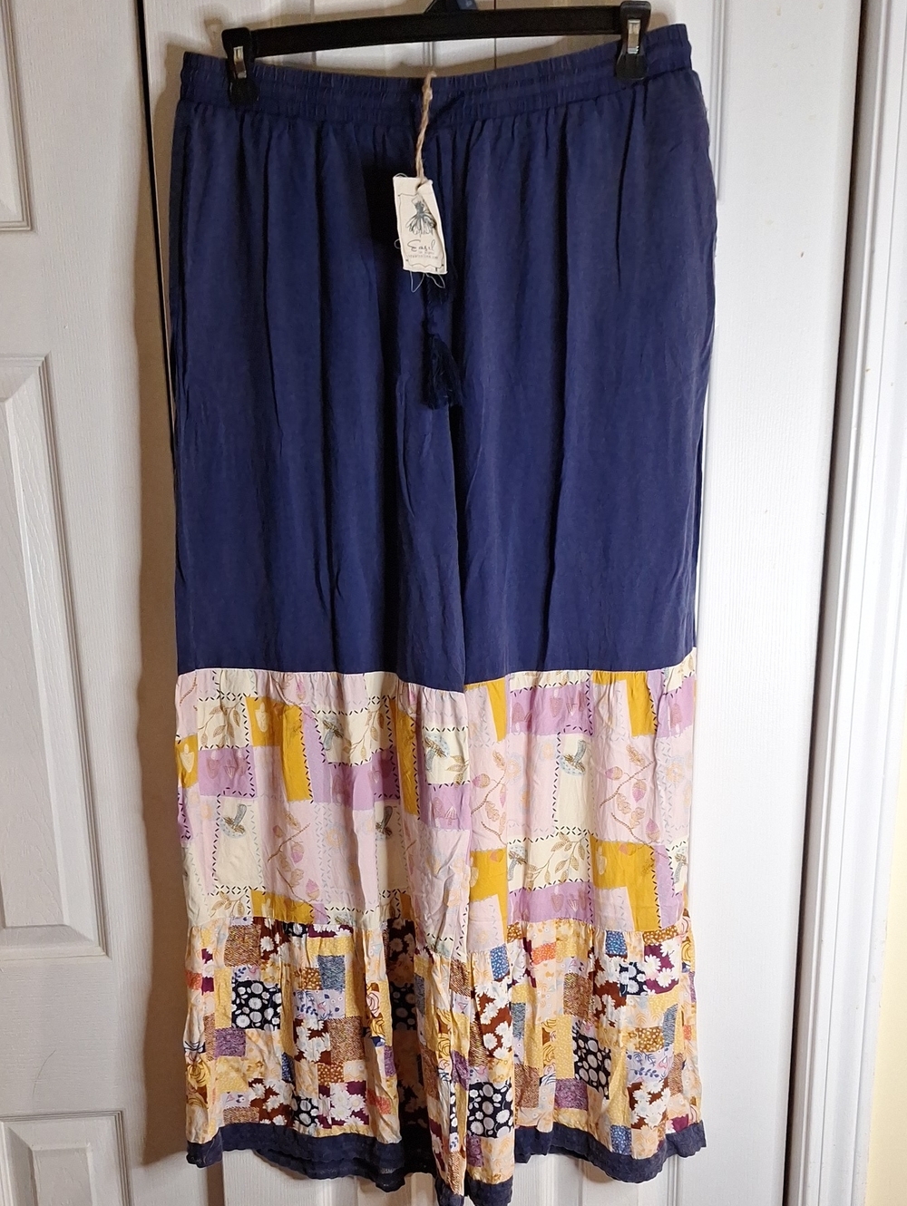 easel Navy Wide-Leg Patchwork Palazzo Pants with Multicolor Hem - 1X - Picture 2 of 3